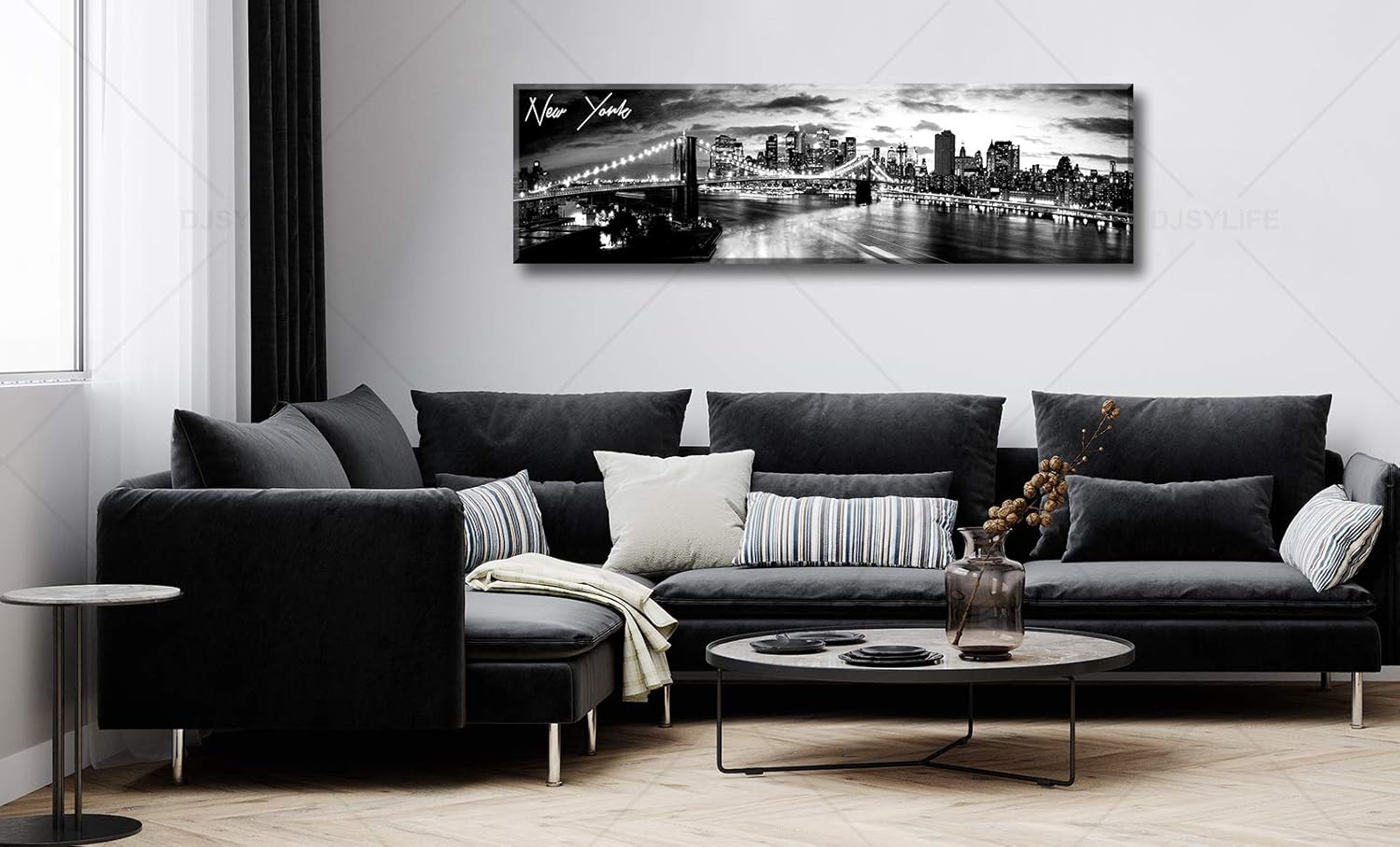 DJSYLIFE New York Skyline Wall Art - Brooklyn Bridge Night View - Black and White Nyc City Pictures