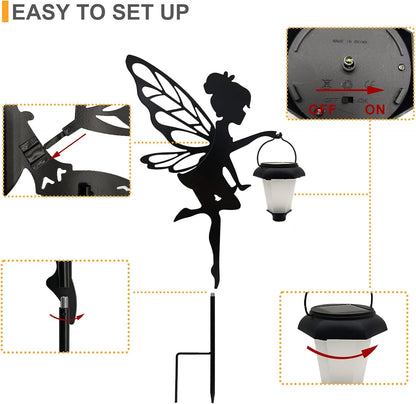 Solar Fairy Garden Stake Decorative Lantern, 2 Pack Metal Fairy Angel Garden Silhouette Lights for