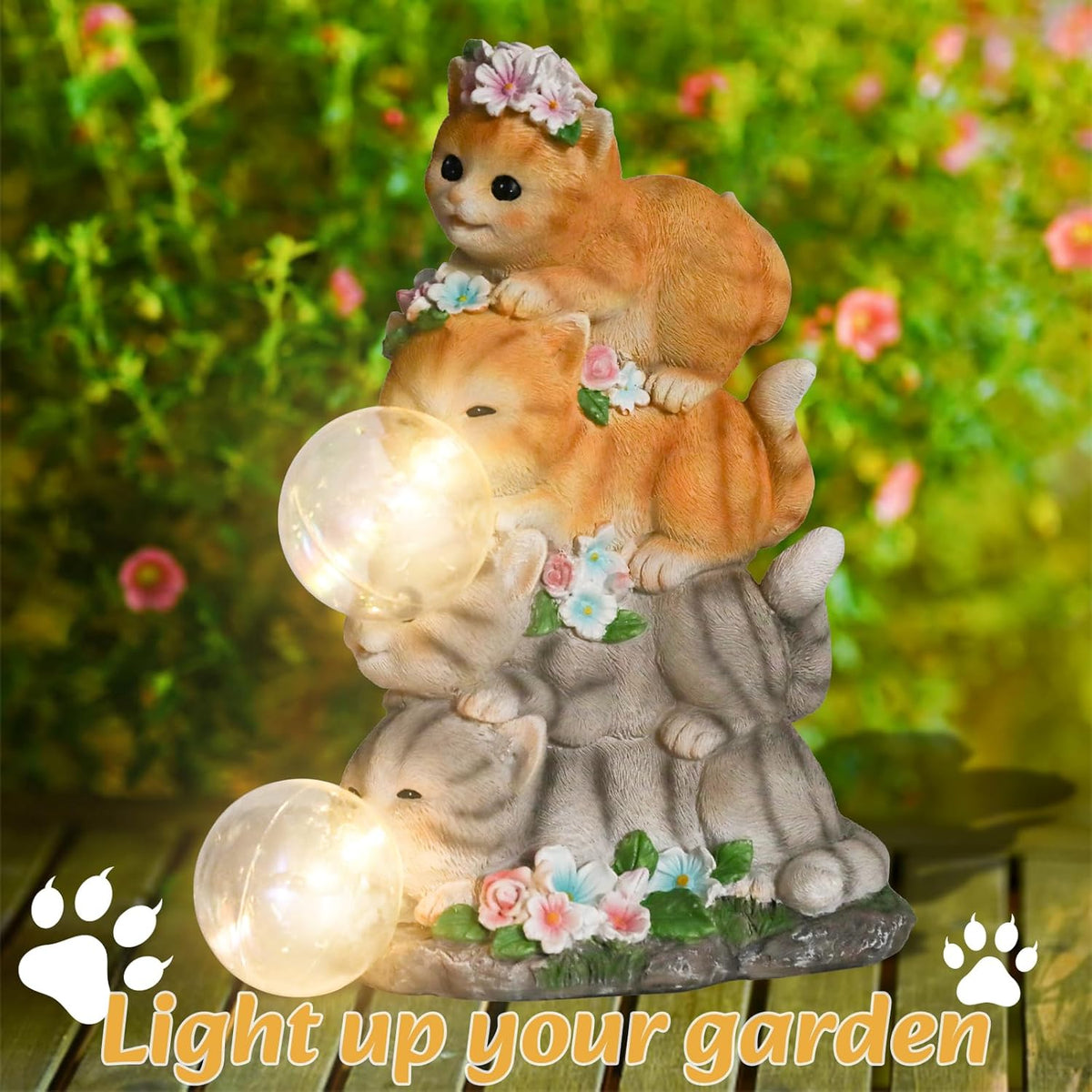 Solar Cat Garden Statue Resin Cat Statue Decor Outdoor with LED Lights for Outside Yard Art Lawn