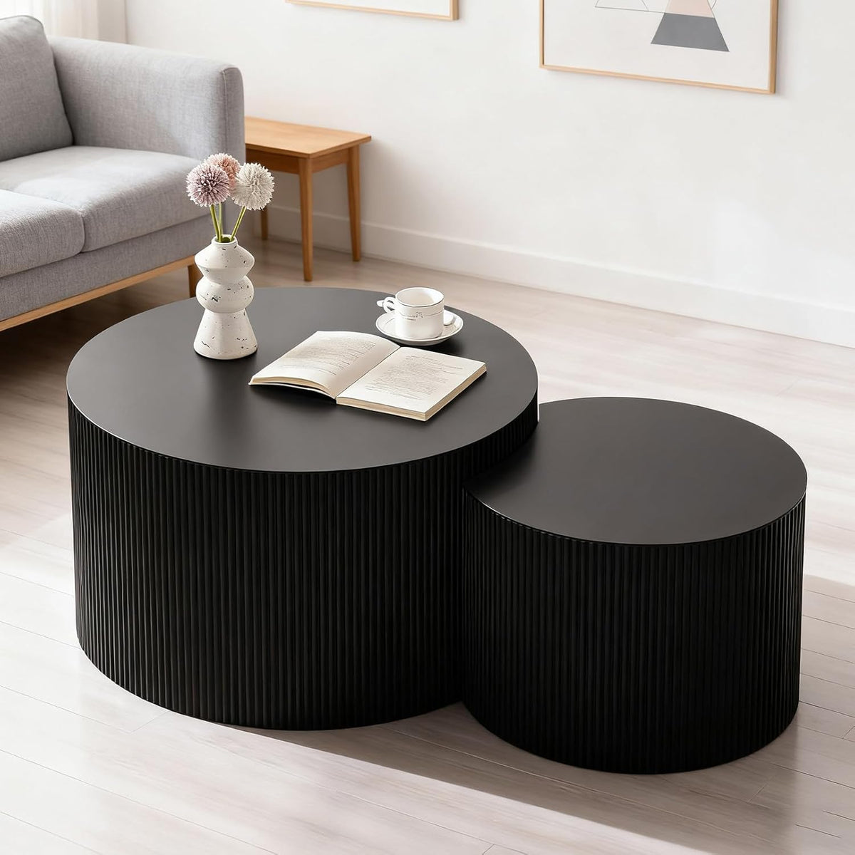 Round Nesting Coffee Table Modern Black Fluted Coffee Table Set of 2 Stripe Round Coffee Tables
