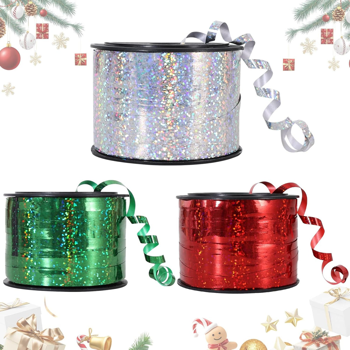 BEISHIDA 3 Pack Christmas Curling Ribbons Red Green Silver Balloons String Ribbons for Gift