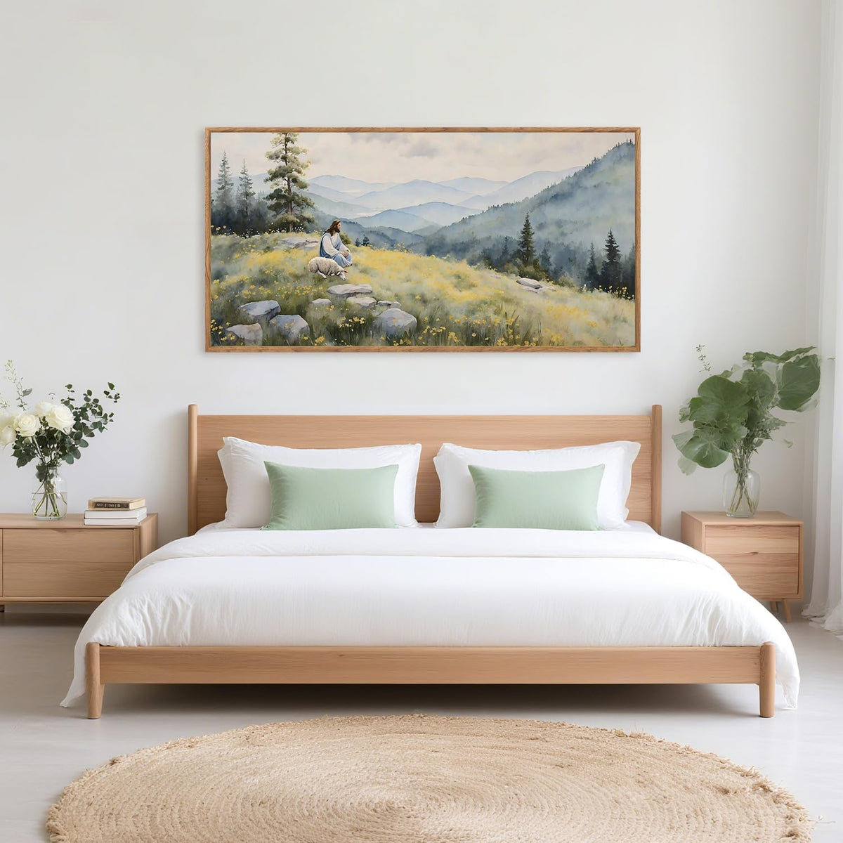 Aurlan Christian Jesus with Lost Sheep Wall Art(40"x20"), Boho Religious Lamb The Good Shepherd