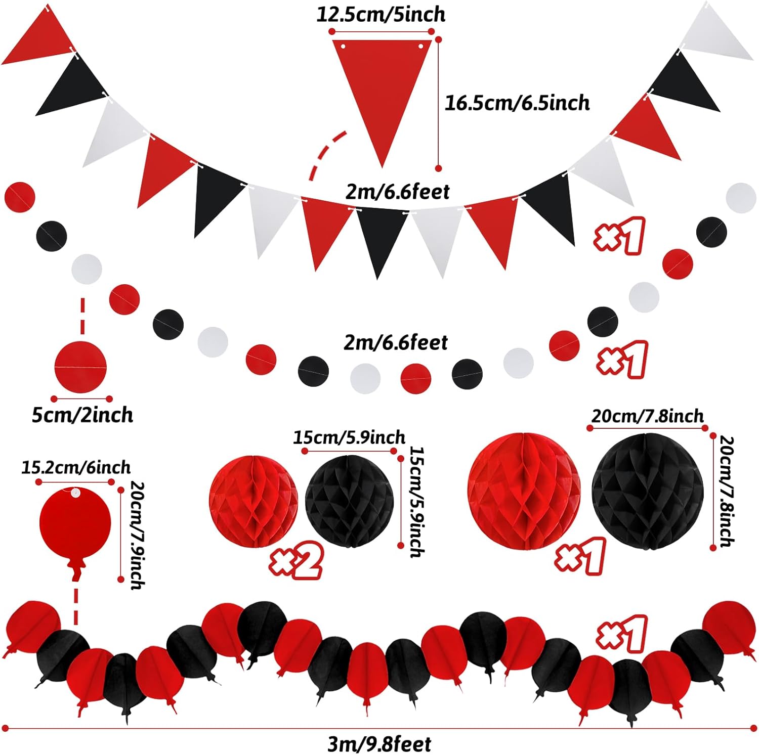 Black Red Party Decorations, Easy Assembly Paper Fan Honeycomb Ball Garland Hanging Swirl