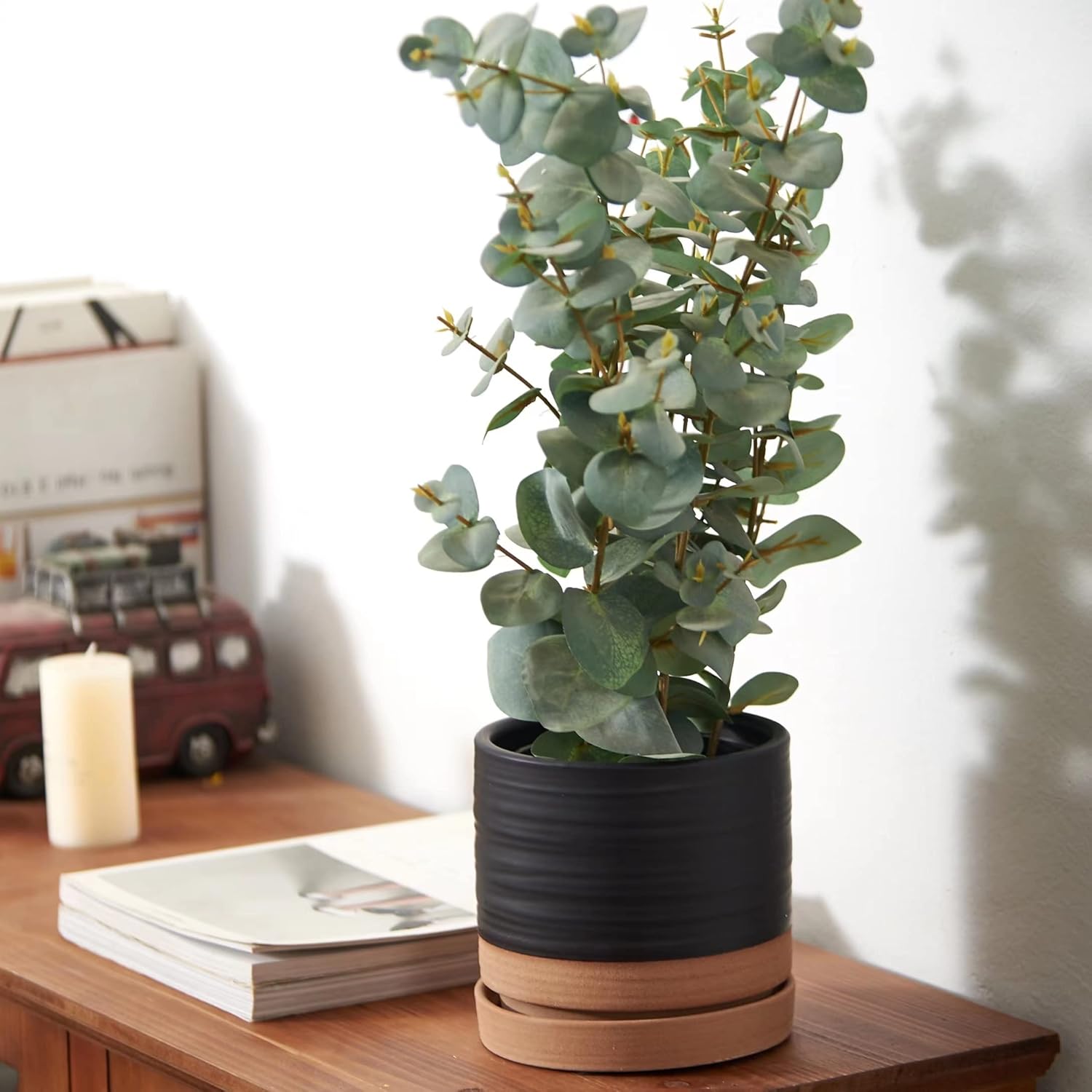 6 Inch Plant Pots, Ceramic Planter Pot with Drainage Hole & Saucer, Indoor/Outdoor Cylinder Round