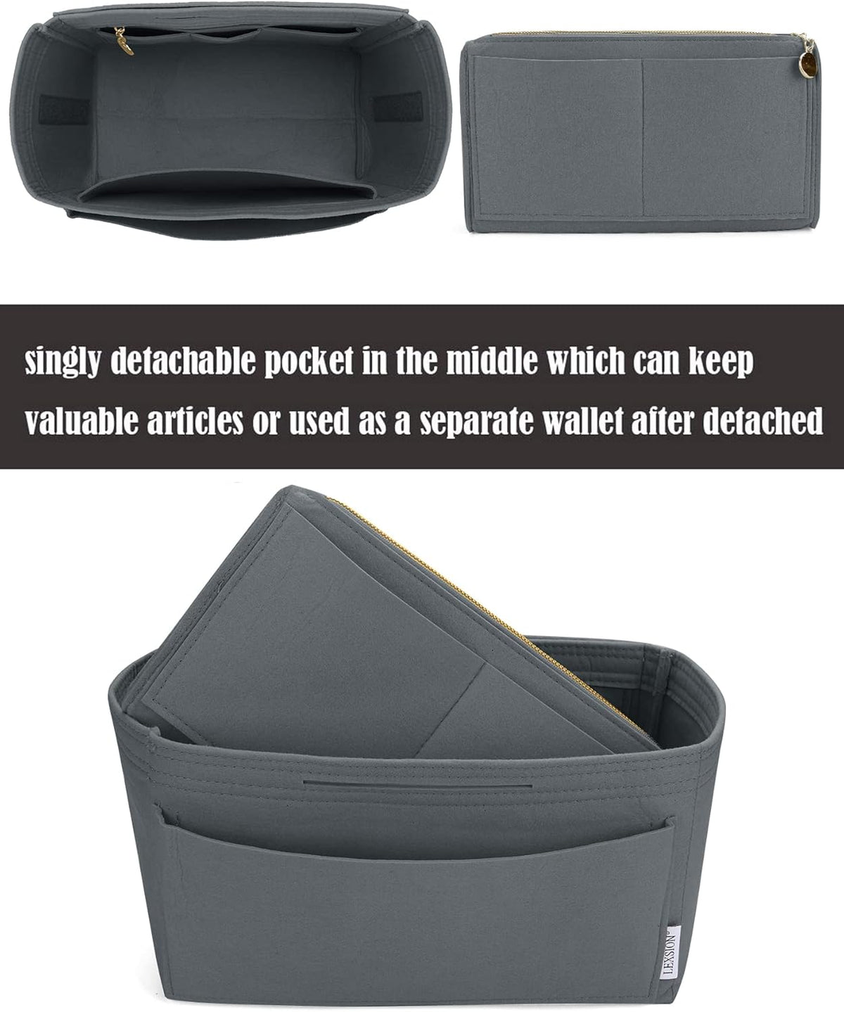 LEXSION Felt Purse Bag Organizer Insert with zipper Bag Tote Shaper Fit Speedy Neverful PM MM