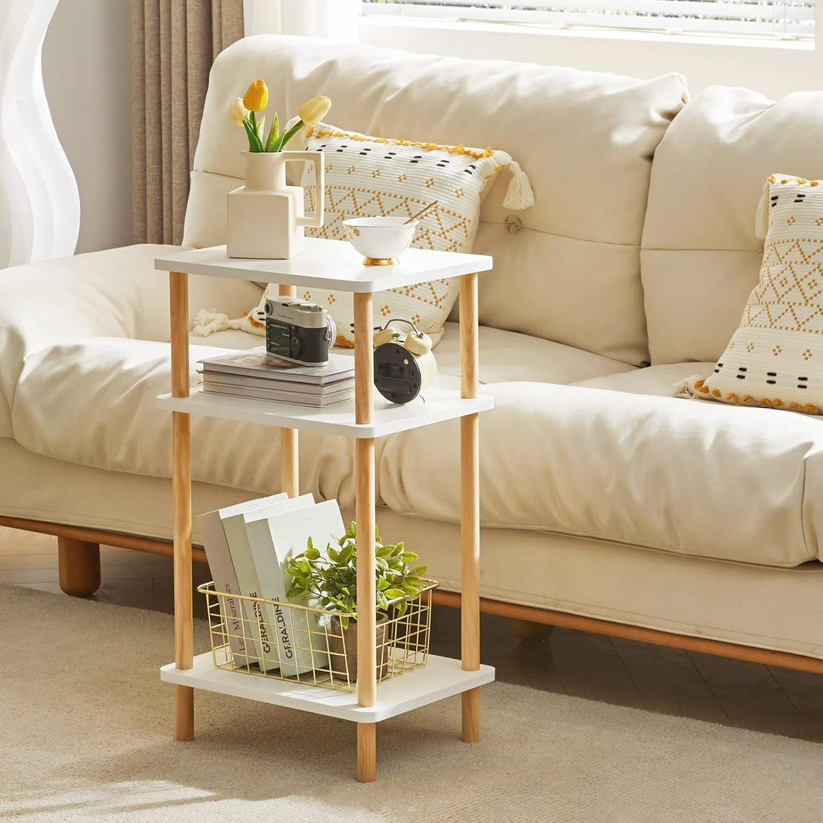 IBUYKE 3-Tier Side Table, Solid Wood Tall End Table with Storage Shelves, Nightstand Bedside Table