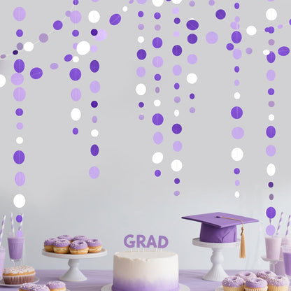46 Ft Purple and White Circle Dots Garland Lavender Hanging Paper Polka Dot Streamer for Birthday