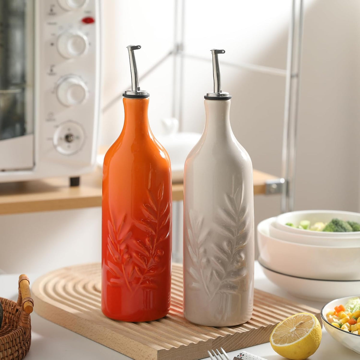 Sweejar Ceramic Olive Oil Dispenser Bottle, 24 Oz Relief Opaque Oil Cruet Protects To Reduce