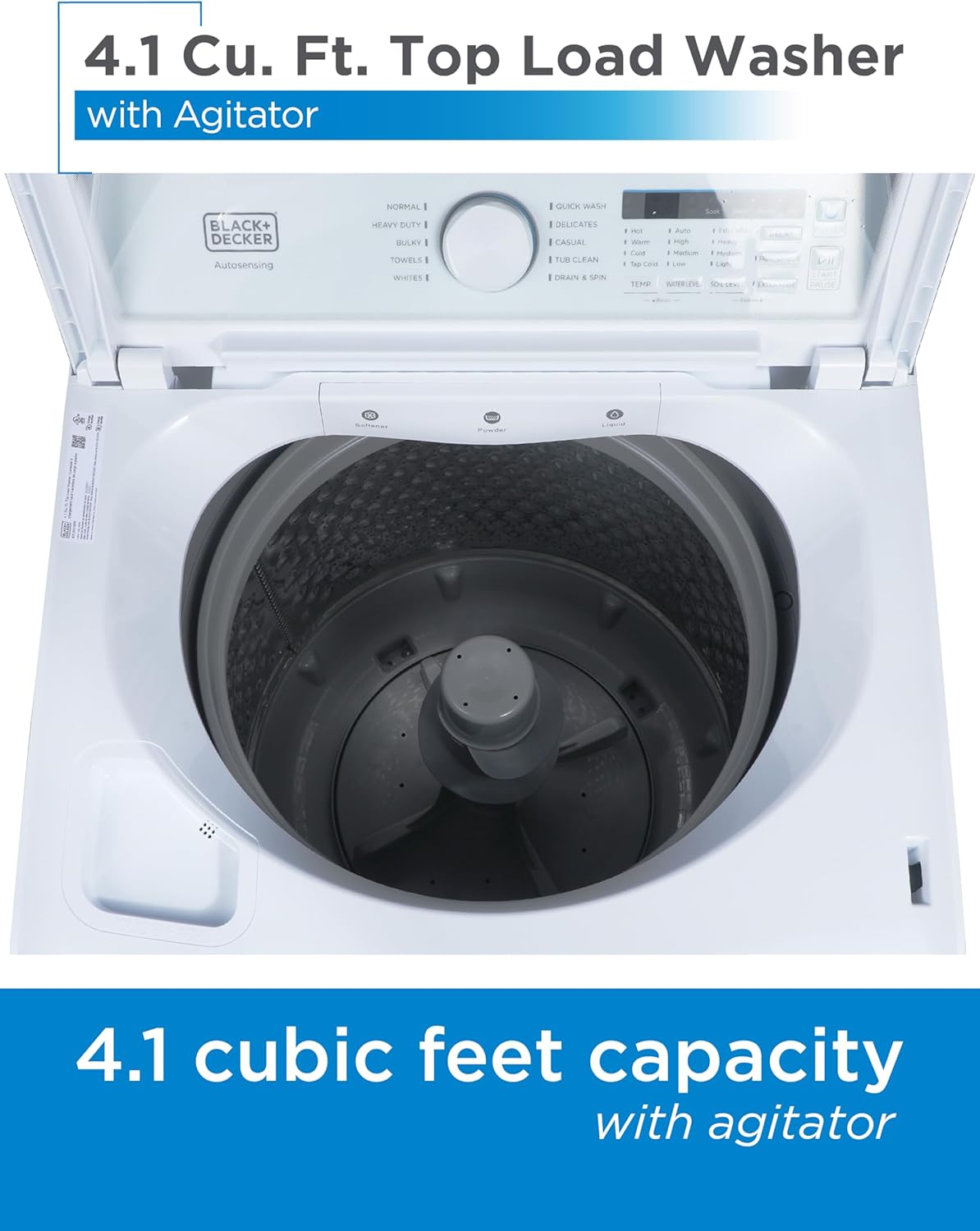 BLACK+DECKER 4.1 Cu. Ft. Top Loading Washing Machine with Agitator, Full Size Washing Machine with