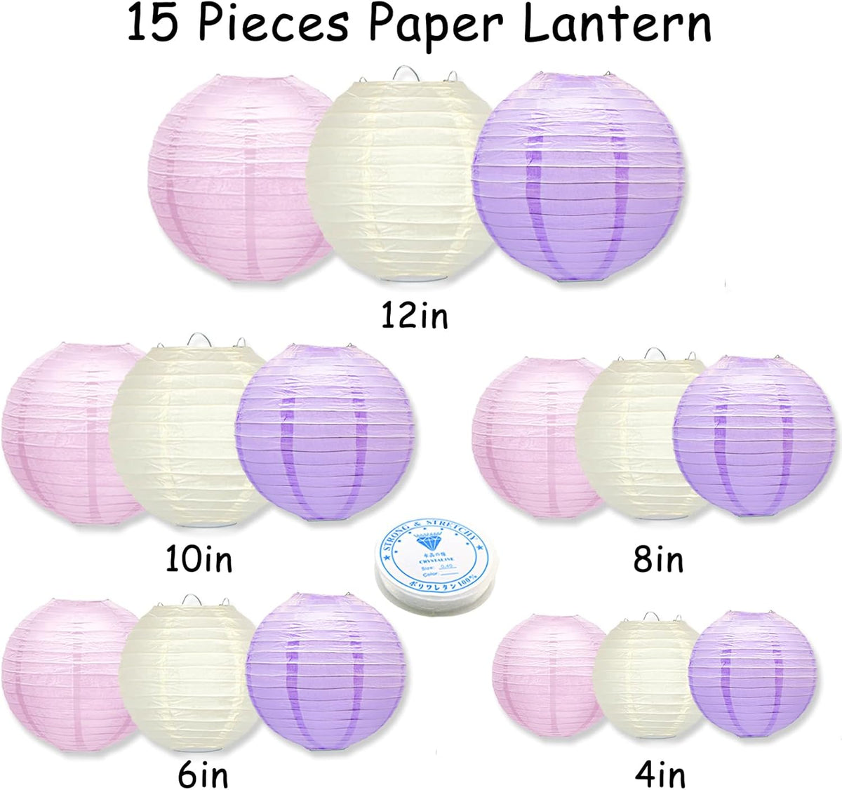 15Pcs Paper Lanterns Decorative, Pink Purple White Hanging Lantern for Mermaid Theme Girl Birthday