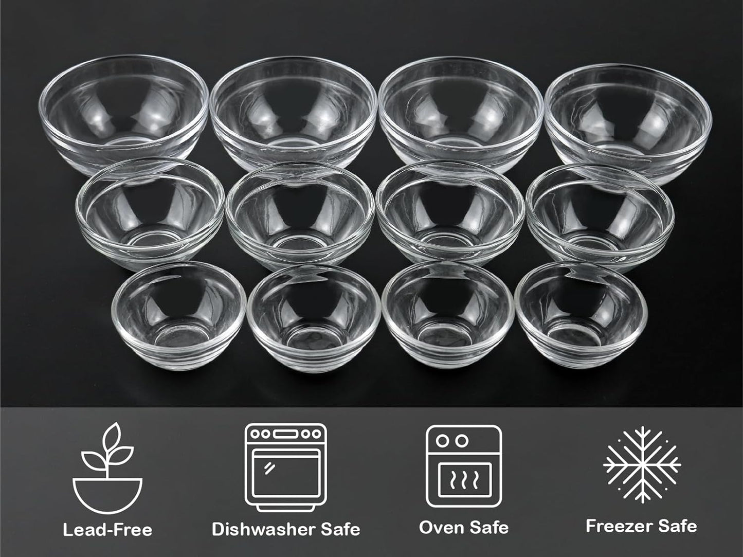 HillSpring 3 Sizes of Glass Prep Bowl Sets, Clear Small Pinch Bowls for Salt, Spices and Chopped