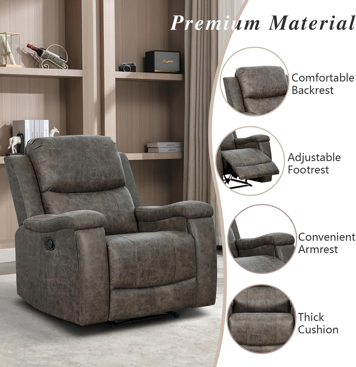 EBELLO Grey Recliner Chair, Single Overstuffed Sofa Recliners, Breathable Faux Leather Manual