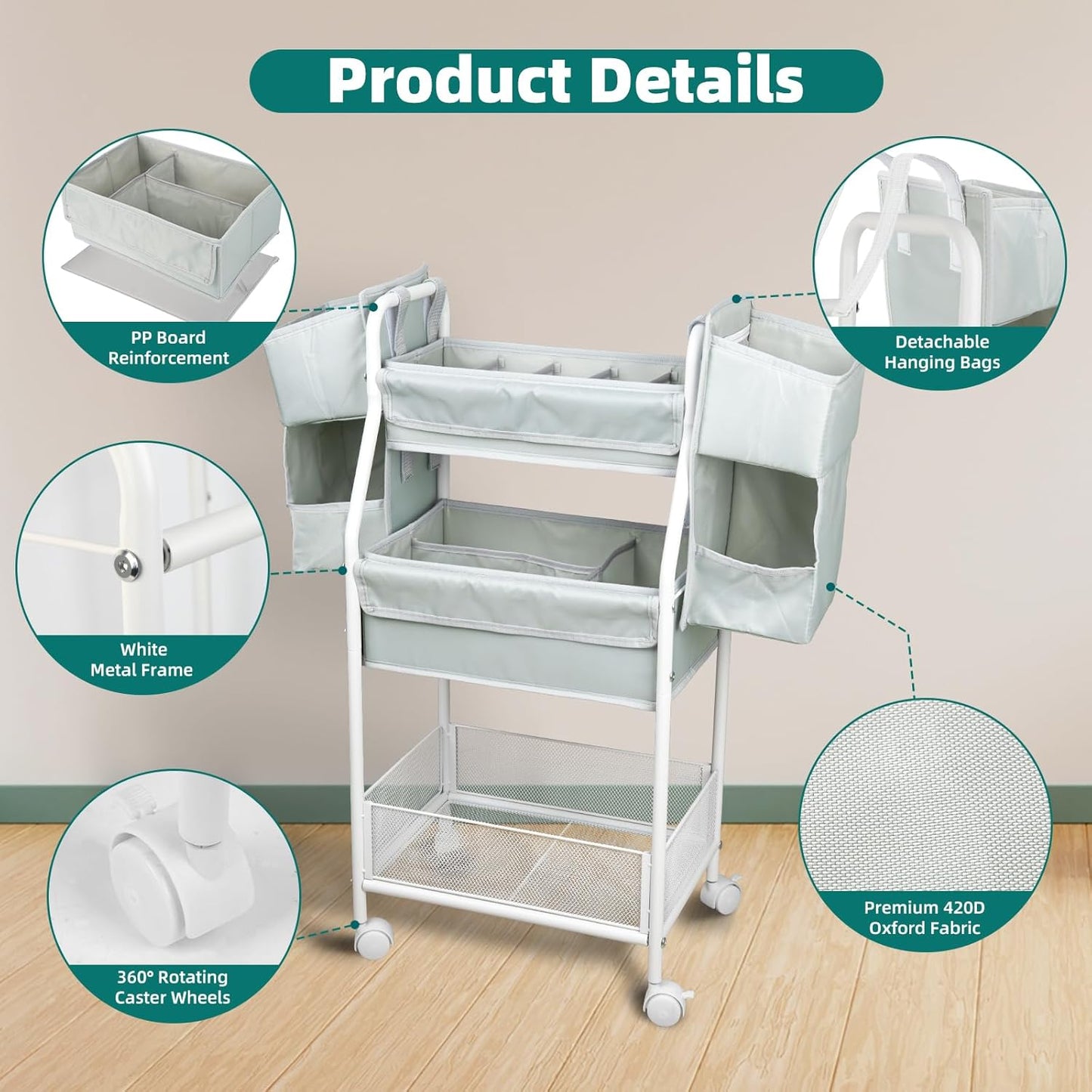 Moteph Rolling Utility Cart with Side Storage - Diaper Organizer, Nursery Essentials, and Craft