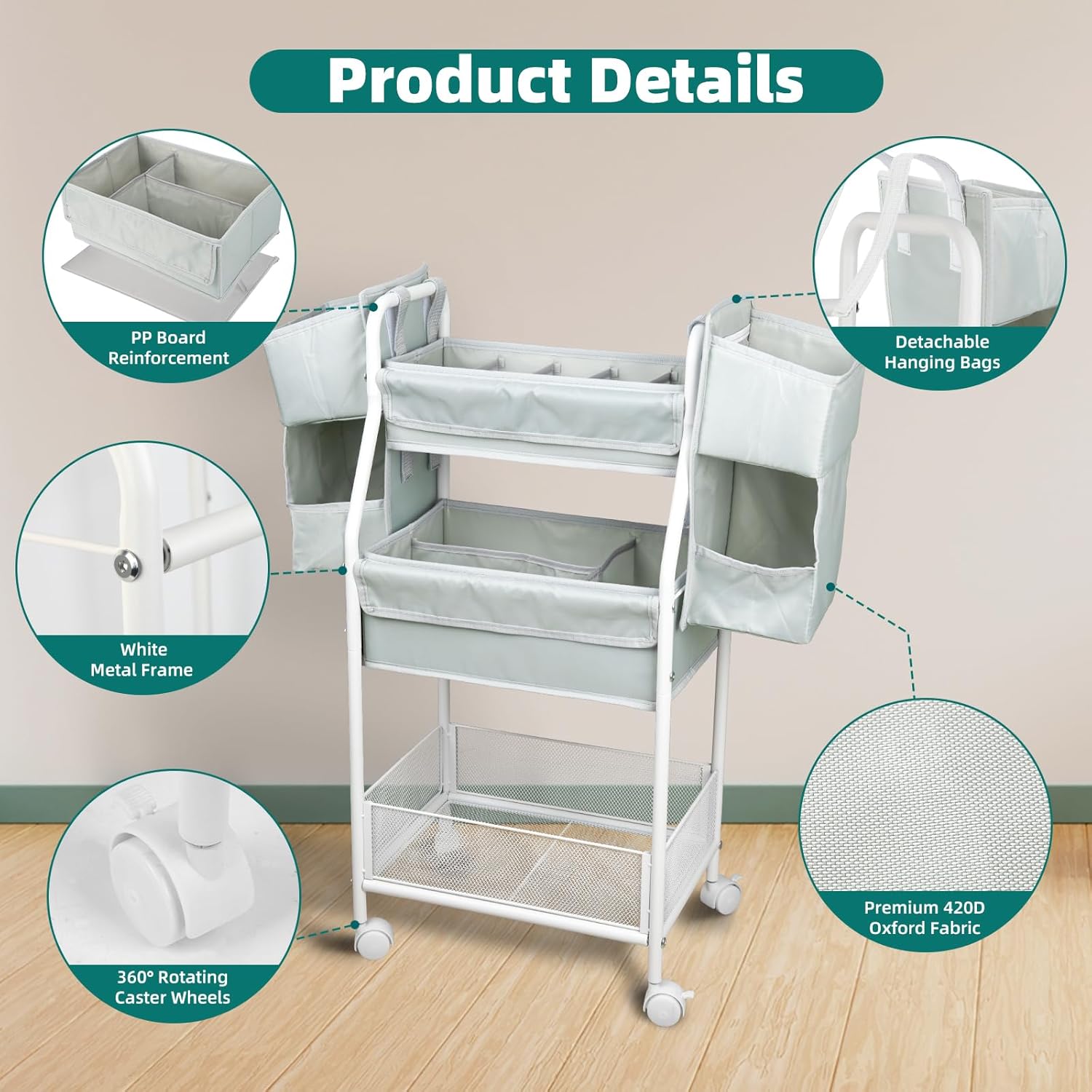 Moteph Rolling Utility Cart with Side Storage - Diaper Organizer, Nursery Essentials, and Craft