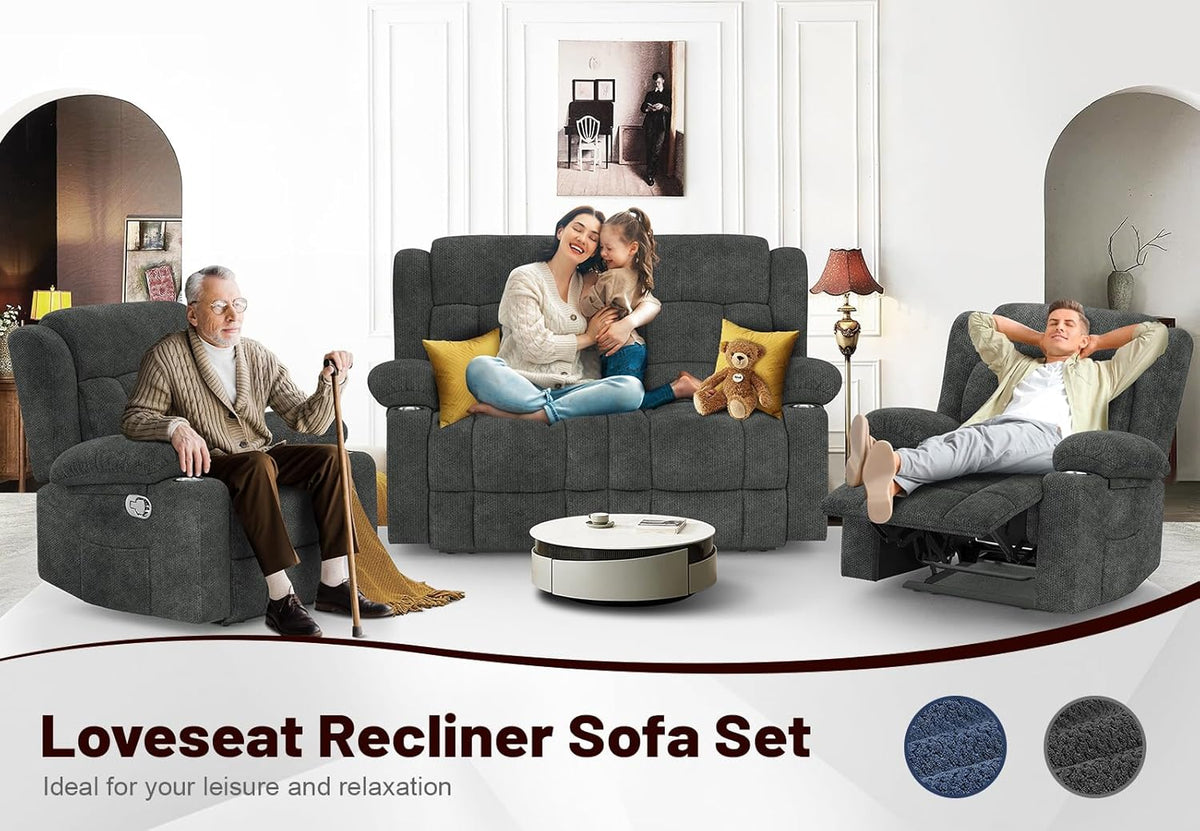 Loveseat Recliner Sofa Set with 2+1+1 Pieces, 2 Seater Minimalist Style Fabric Manual Pull Tab