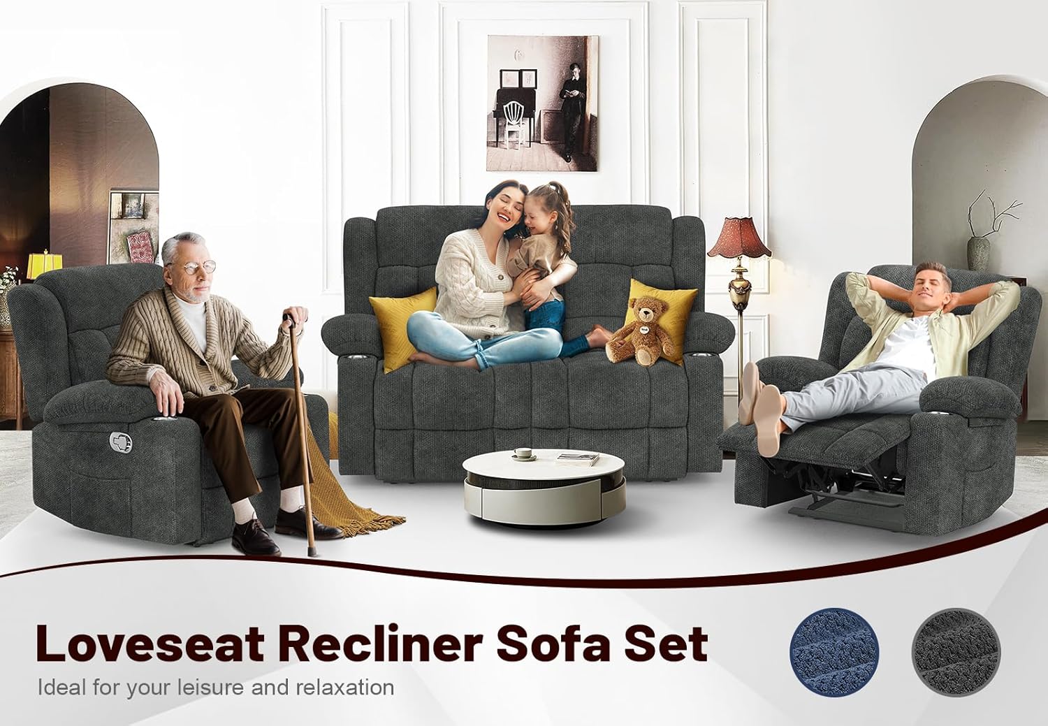 Loveseat Recliner Sofa Set with 2+1+1 Pieces, 2 Seater Minimalist Style Fabric Manual Pull Tab