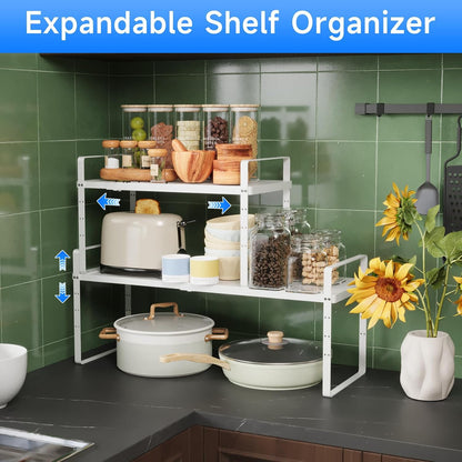 Expandable Cabinet Shelf Organizer, Stackable Kitchen Pantry Counter Storage, Adjustable Closet