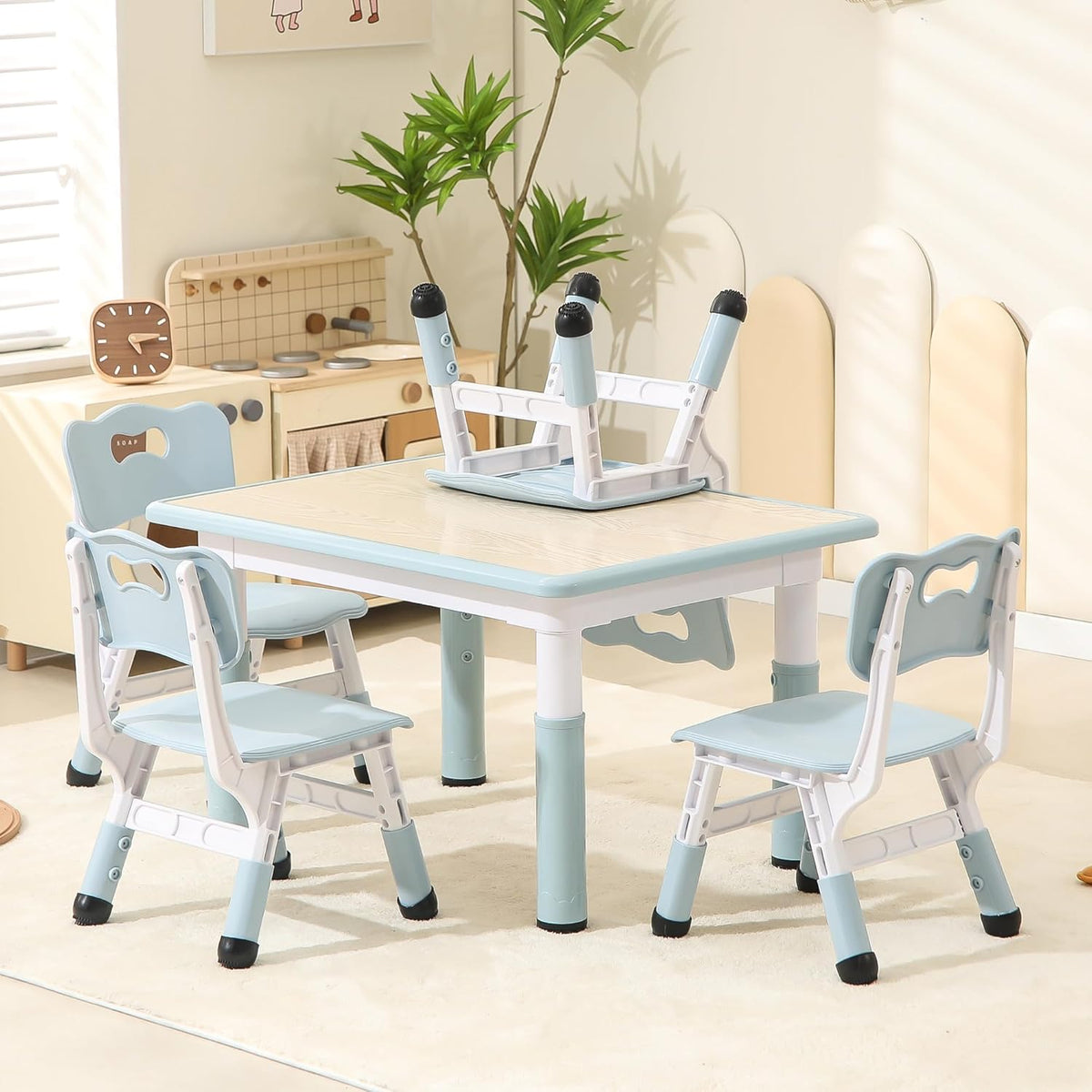 Height-Adjustable Kids Table and Chairs, 31.5''L x 23.6''W Toddler Table and 4 Chairs Set with