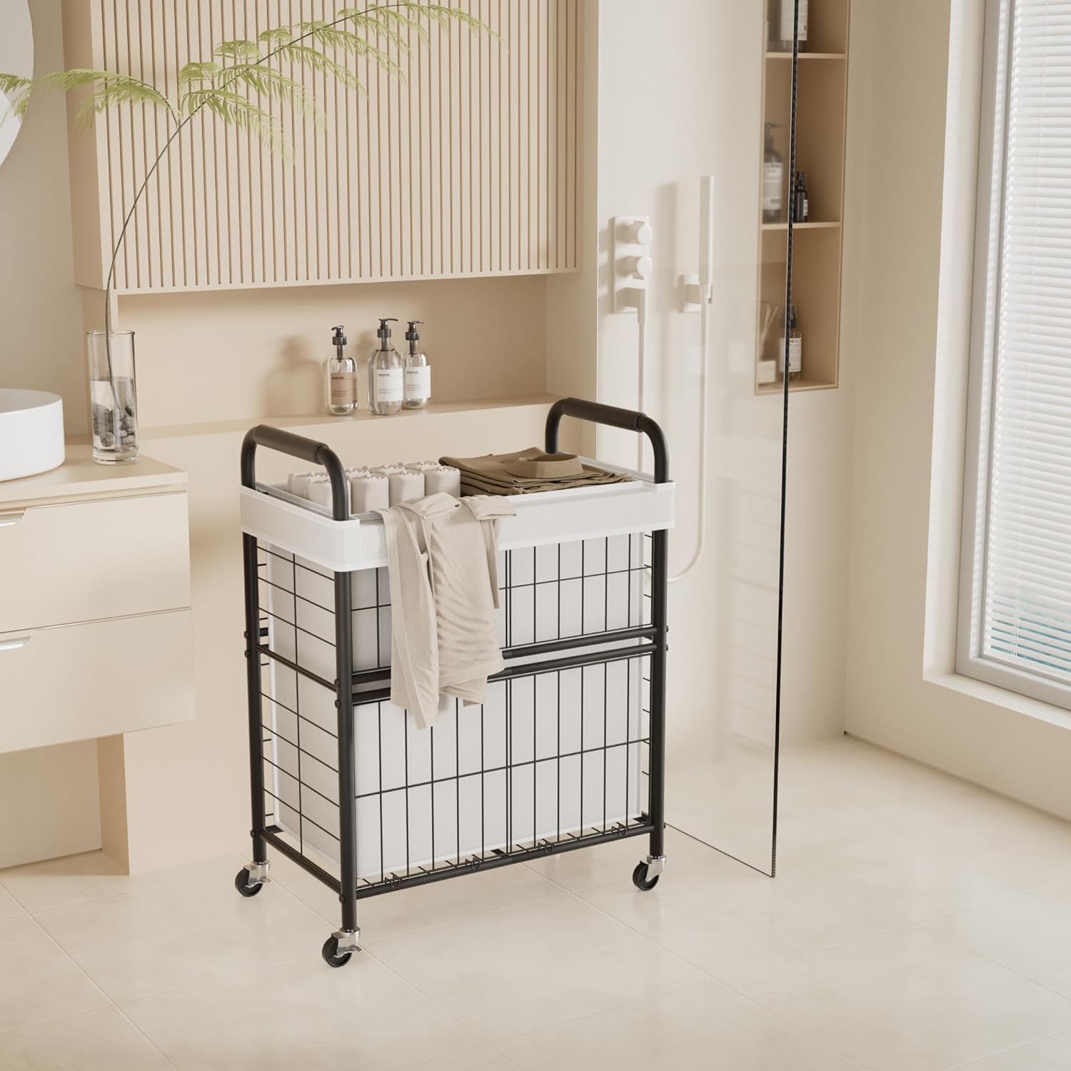 Laundry Hamper 2 Section, 110L Rolling Laundry Sorter Basket with Wheels, 2 Compartment Clothes