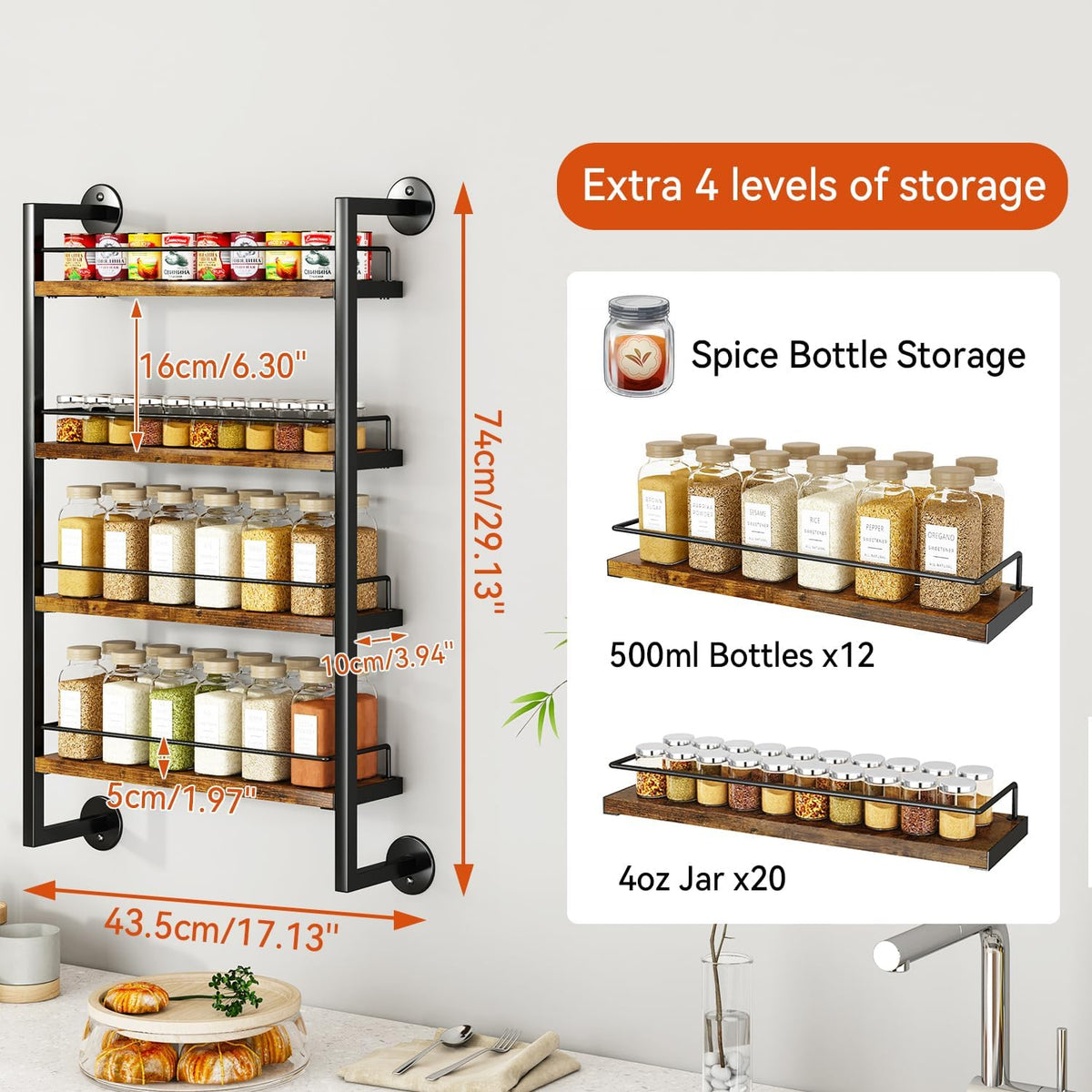 IBUYKE Spice Rack Wall Mount,4 Tier Hanging Seasoning Organizer,Large Spice Rack for Wall for up to