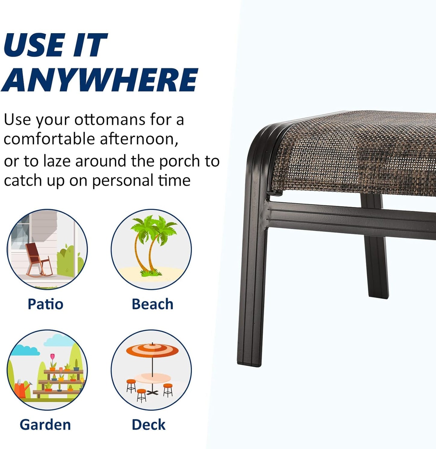 Outdoor Patio Foot Rest Ottoman Seat Textilene Portable Metal Footstool Portable Patio Chairs 2 Set