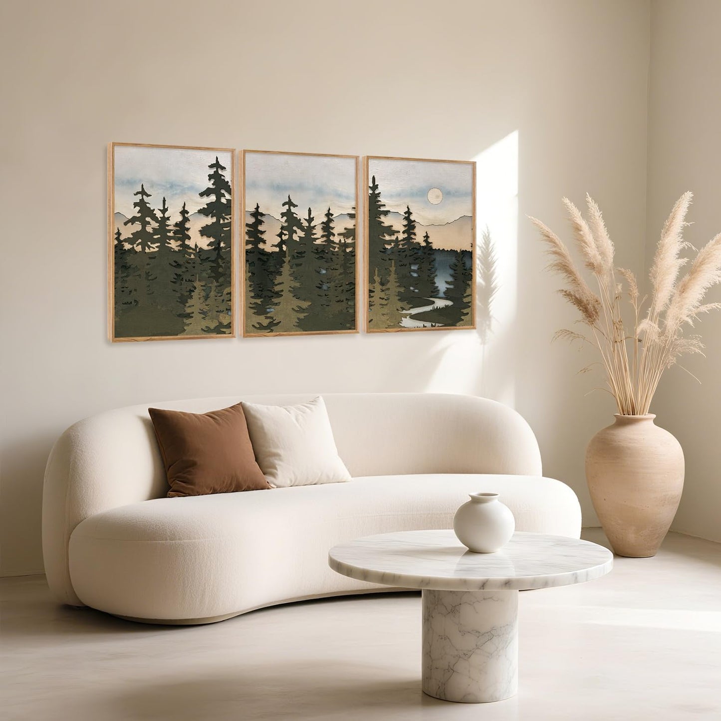 HPNIUB Vintage Mountain Framed Canvas Wall Art Set, Boho Sunrise Art Prints, Forest Nature