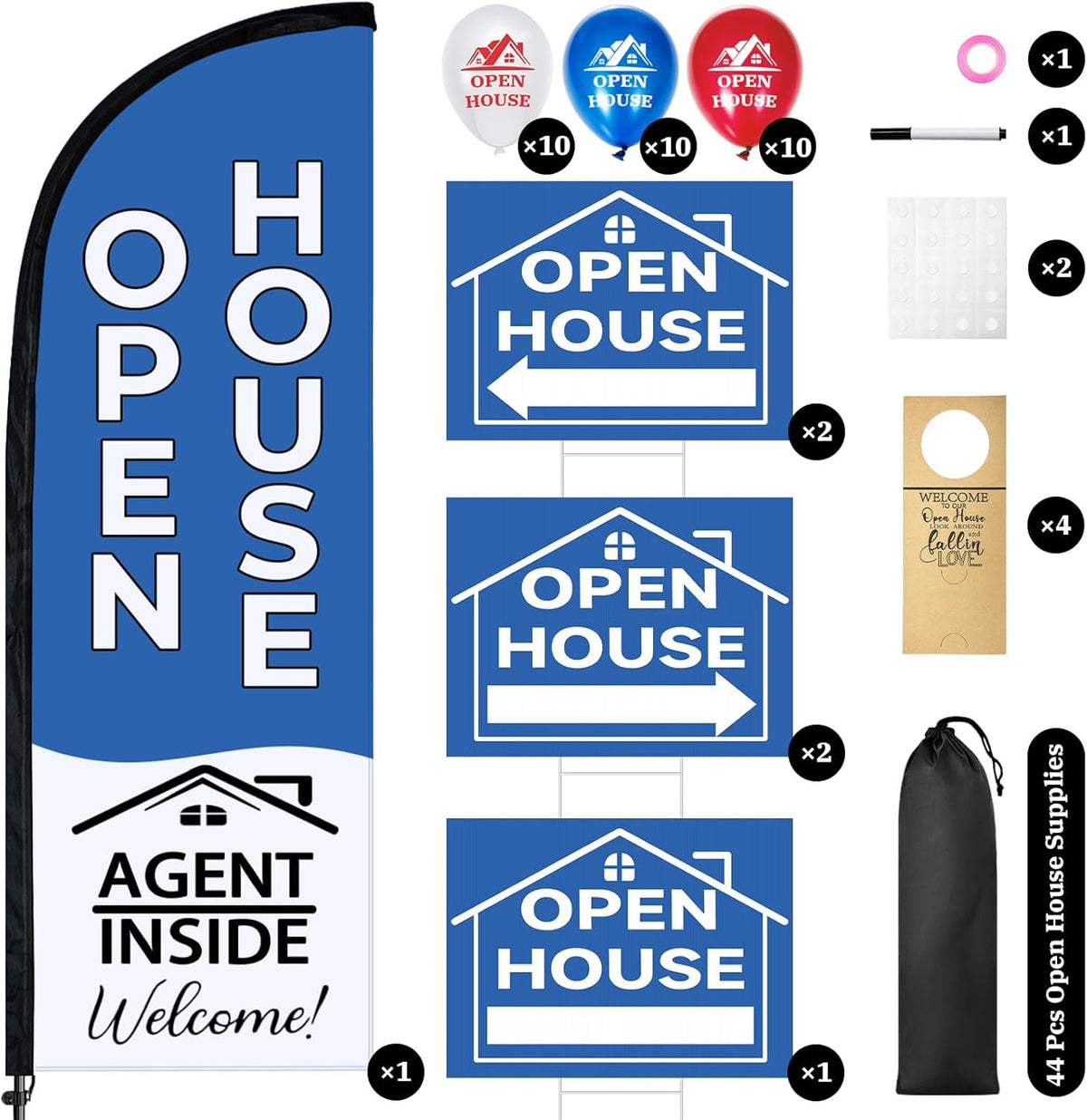 44 Pcs Open House Signs for Real Estate Agent Supplies, Double Sided Open House Flag Kit for