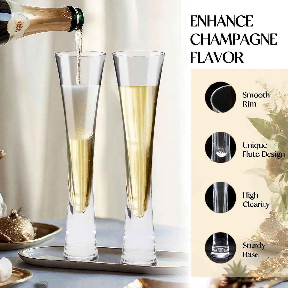 Champagne Flutes Set of 4, Hand Blown Crystal Champagne Glasses, Modern Unique Design, Lead-Free