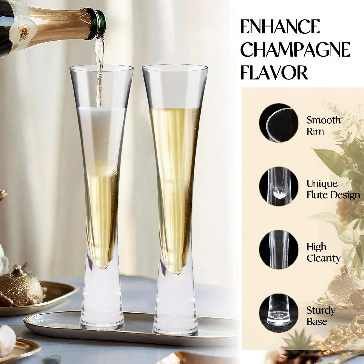 Champagne Flutes Set of 2, Hand Blown Crystal Champagne Glasses, Modern Unique Design, Lead-Free