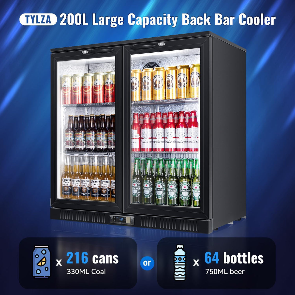 Tylza Back Bar Cooler With 2 Glass Doors, 200L Under Counter Back Bar Refrigerator with LED