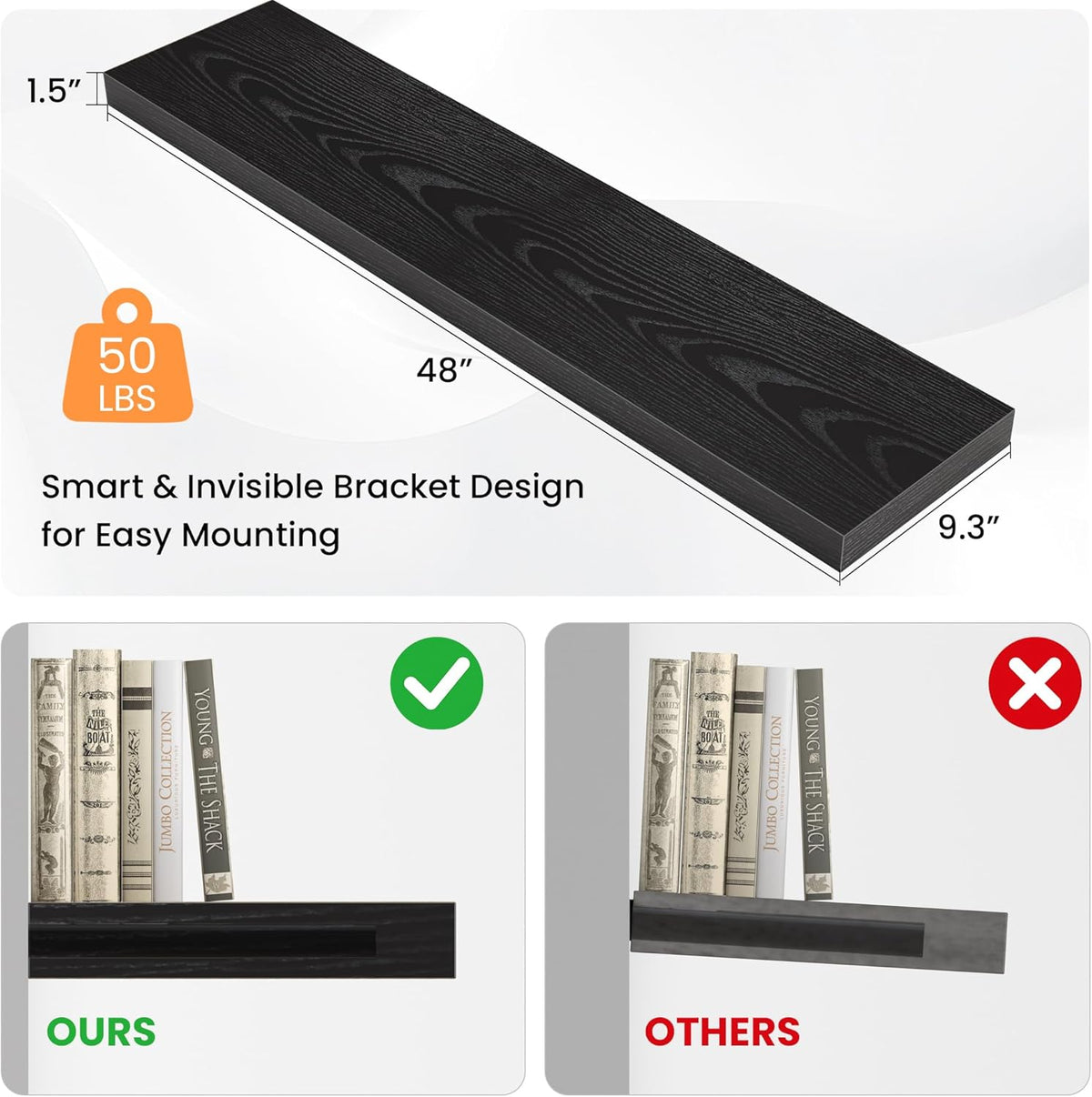 Floating Shelves for Wall, 48" W x 9.3" D x 1.5" H, Wooden Wall Mounted Display Shelves with
