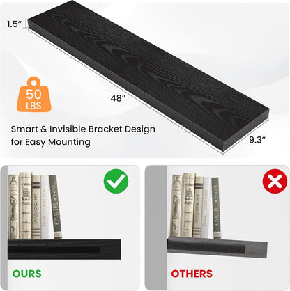 Floating Shelves for Wall, 48" W x 9.3" D x 1.5" H, Wooden Wall Mounted Display Shelves with