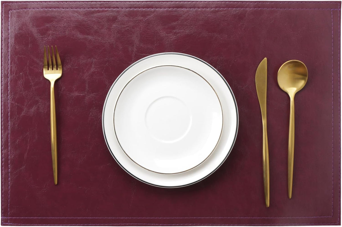 Waterproof PU Placemats, Faux Leather Dining Table Mat, Set of 6, Easy to Wipe Off Scrub Vinyl Mat