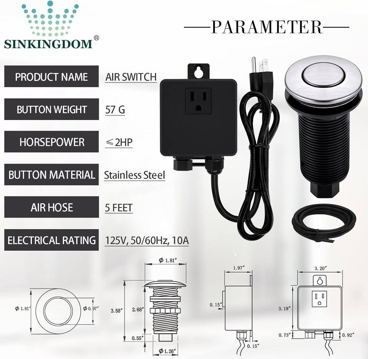 Garbage Disposal SinkTop Air Switch Kit with Long Button,Brass Made Cover,Brushed Nickel
