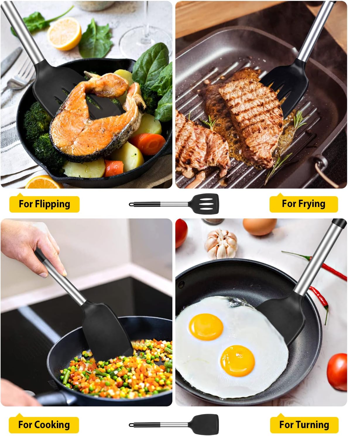 Pack of 2 Silicone Solid Turner, Non Stick Slotted Kitchen Spatulas, High Heat Resistant BPA Free