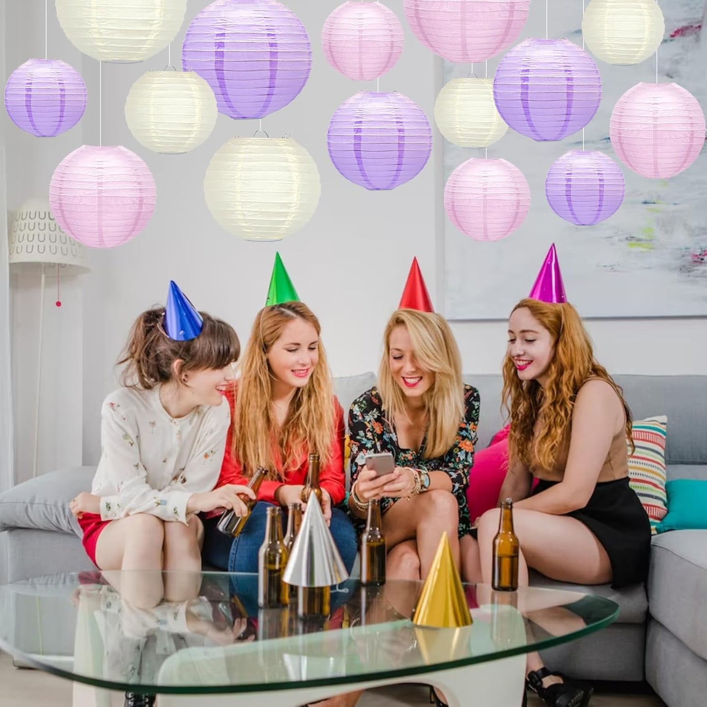 15Pcs Paper Lanterns Decorative, Pink Purple White Hanging Lantern for Mermaid Theme Girl Birthday