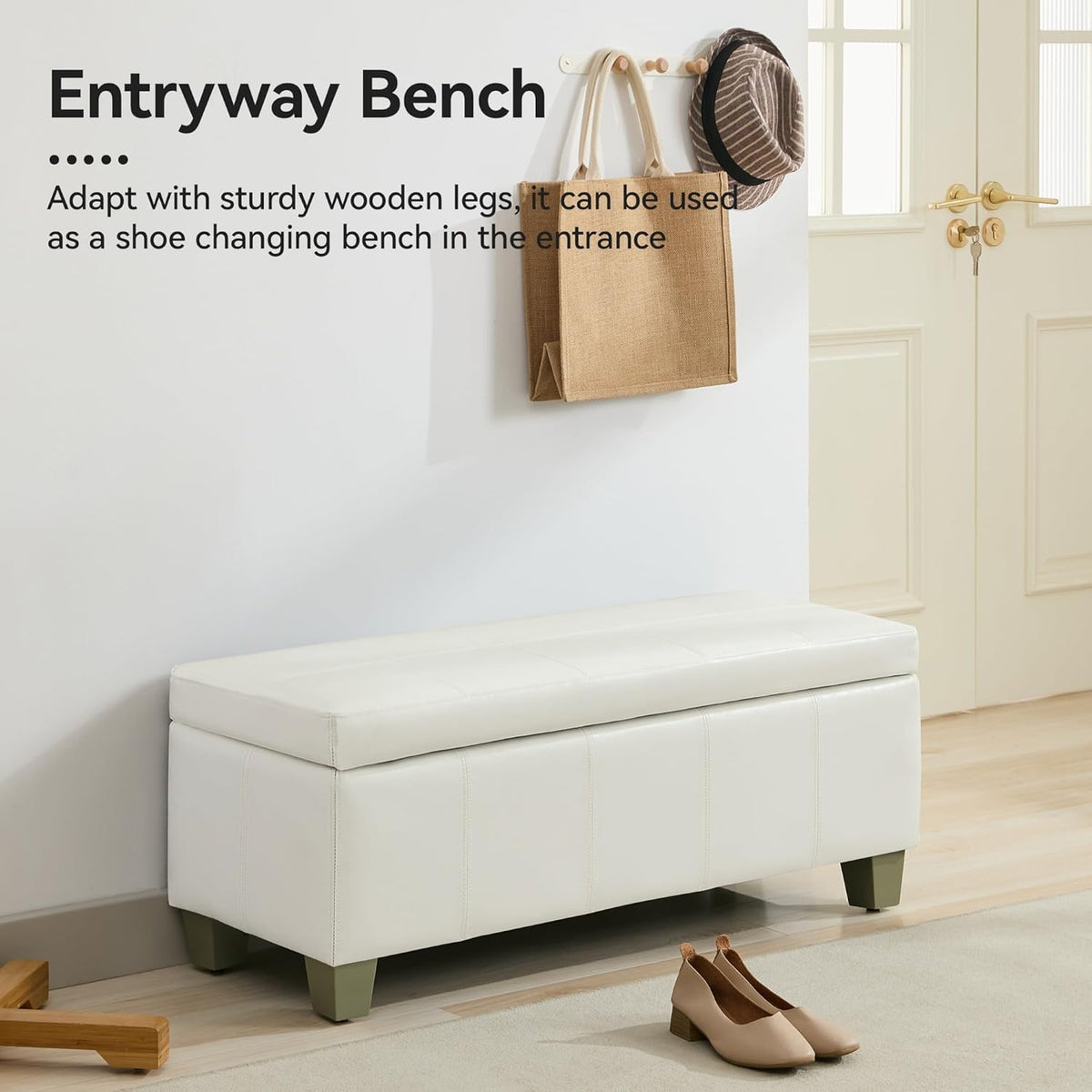 41" Faux Leather Storage Ottoman, Stitch Tufted Rectangle Upholstered End of Bed Storage Bench