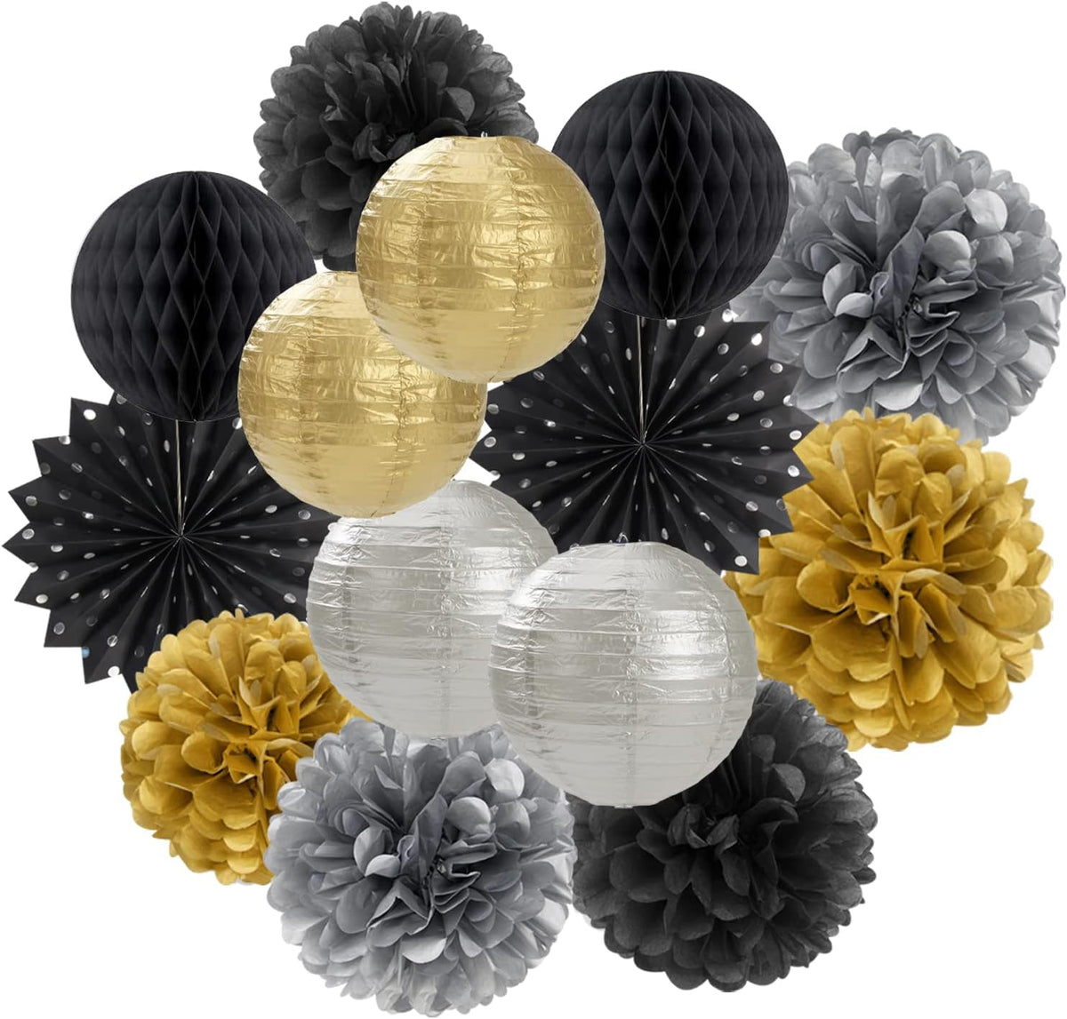 Black Gold Silver Party-Decorations Streamers-Lanterns - 14pcs Graduation 2025 Paper Fan,Tissue
