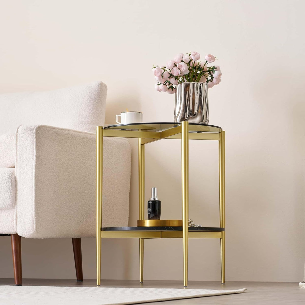 Round Glass End Table, Mid-Century Modern Design Sofa Table for Living Room, D18 x H23 in, 2-Tier