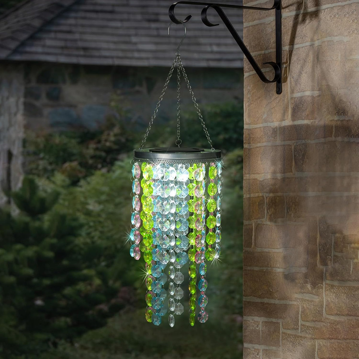 Hanging Solar Lantern Outdoor, 2 Tiers 21” Solar Multicolor Acrylic Beaded Chandelier with Cool