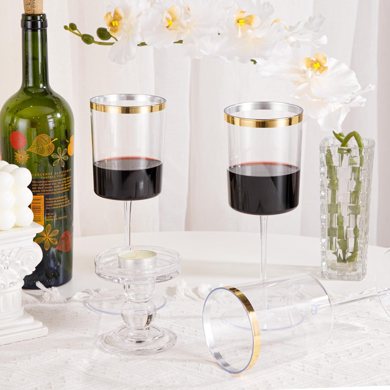 Ciaell 12 Pack Plastic Wine Glasses - 14 Oz Plastic Wine Glasses with Stem - Square Gold Disposable