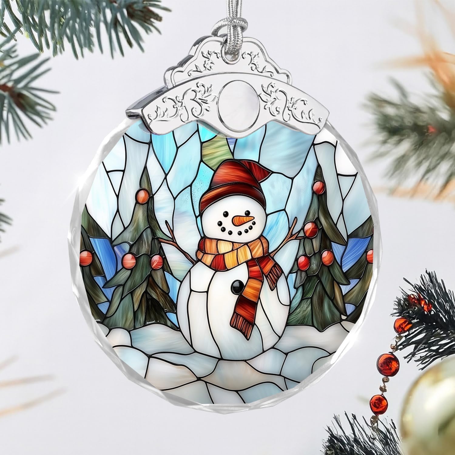 Stained Glass Ornament - Snowman Christmas Ornaments - Xmas Decor - Ornaments for Christmas Tree