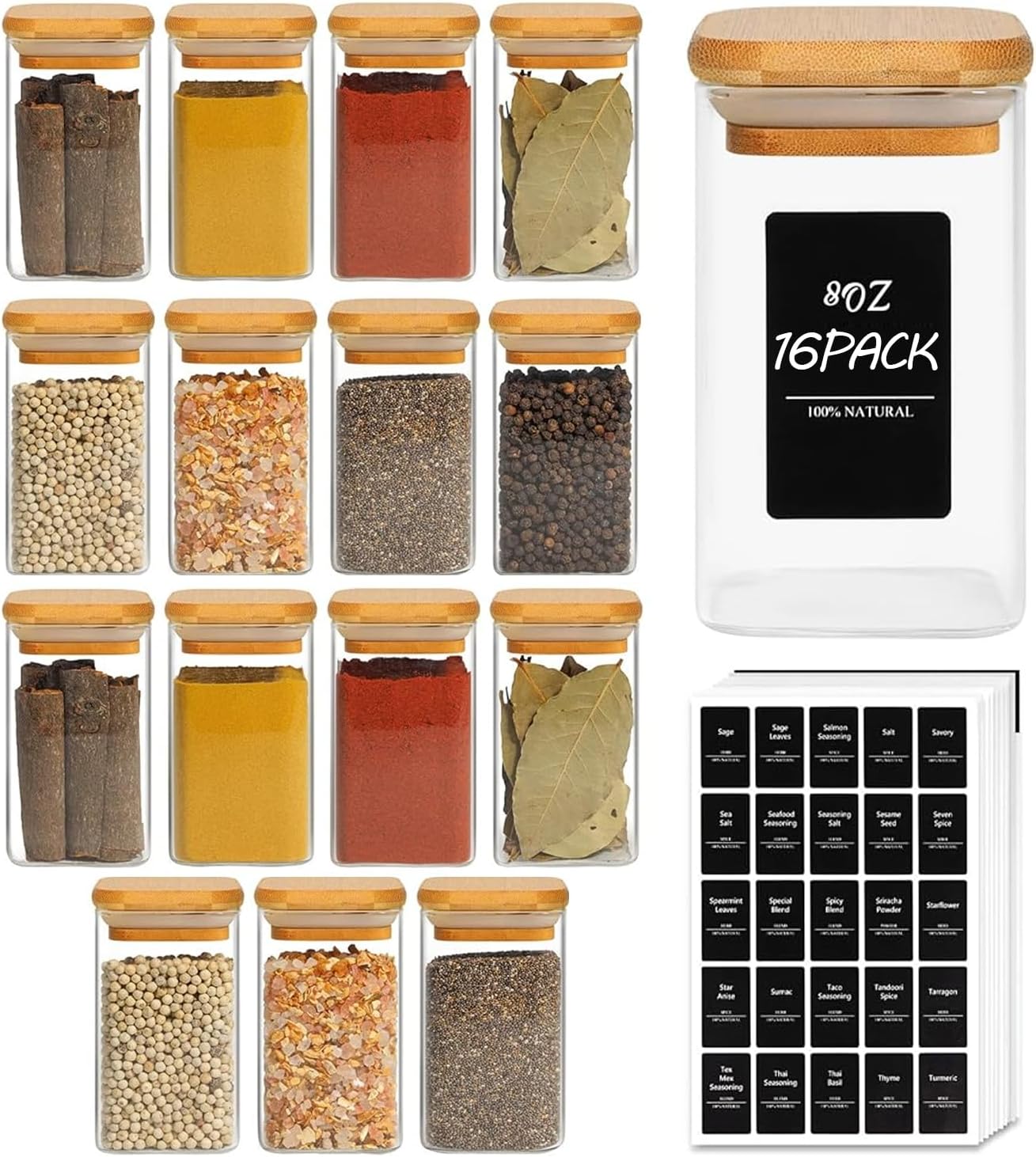 ComSaf Spice Jars with Labels 8 oz 16Pack, Small Spice Containers Starter Set, Glass Seasoning Jars