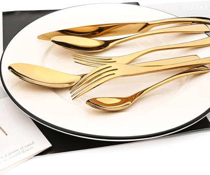 24-Piece Gold Flatware, Mirror 18/10 Stainless Steel Modern & Luxury Dinnerware Set With Serrated