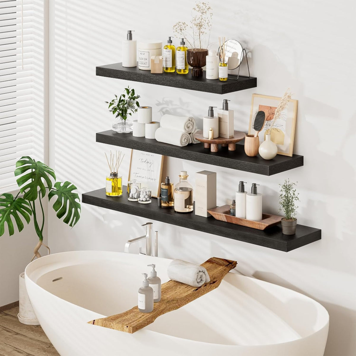 Heimlove 48W x 12D Long Floating Shelf, 12 Inch Deep Black Floating Shelves for Wall Set of 2, Wood