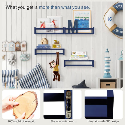 Forbena Navy Blue Floating Book Shelves for Nursery Boy, Decorative Wall Bookshelf for Kids Room
