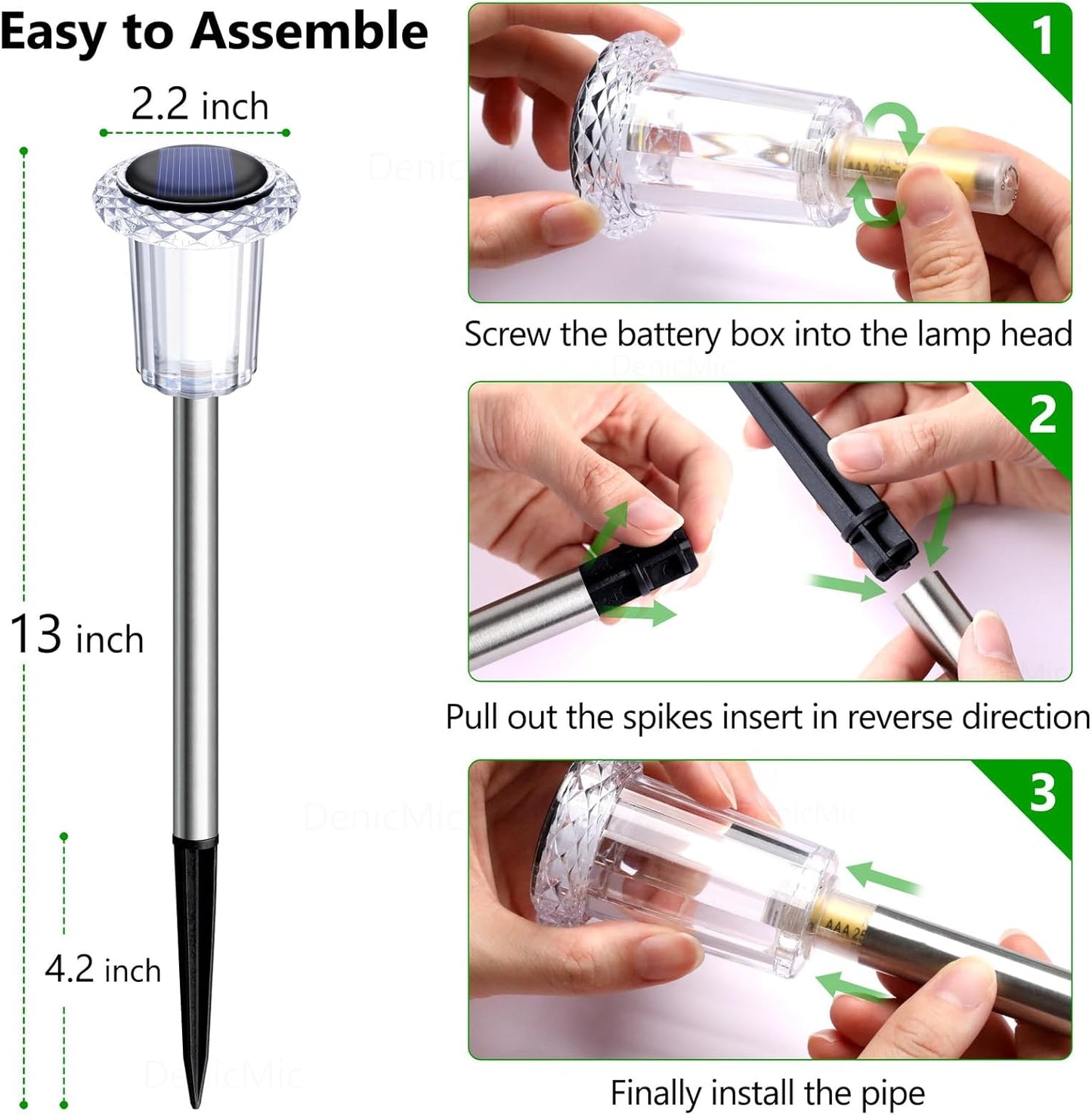 DenicMic Solar Lights Outdoor 10 Pack Waterproof 3000K Warm White LED Acrylic lamp Head Stainless