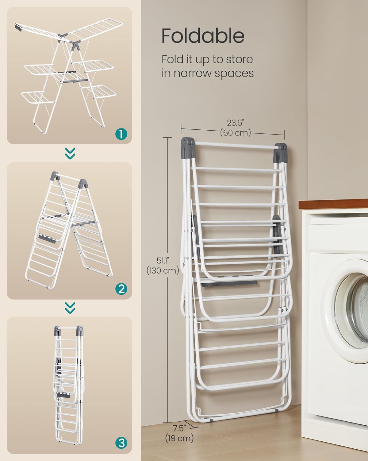 SONGMICS Clothes Drying Rack, Foldable 3-Level Laundry Rack, Free-Standing Large Drying Rack, with