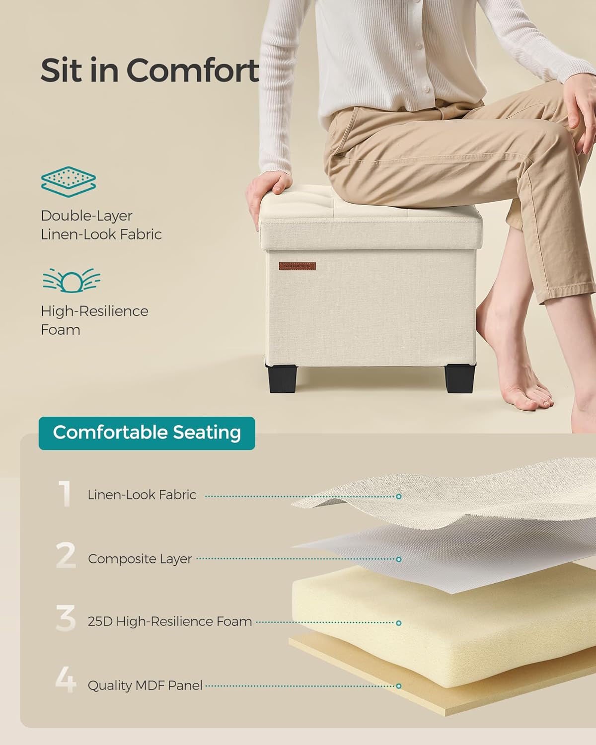 SONGMICS Storage Ottoman, Small Ottoman Foot Rest with Legs, 12.6 x 15.8 x 13.2 Inches Foot Stool