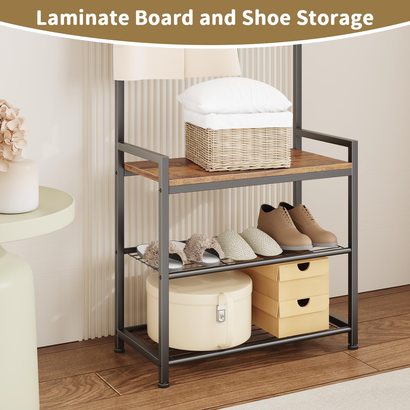 Leadpro Coat Rack Hall Tree with Shoe Storage, Entryway Hall Tree Storage Bench, Wood Look Accent